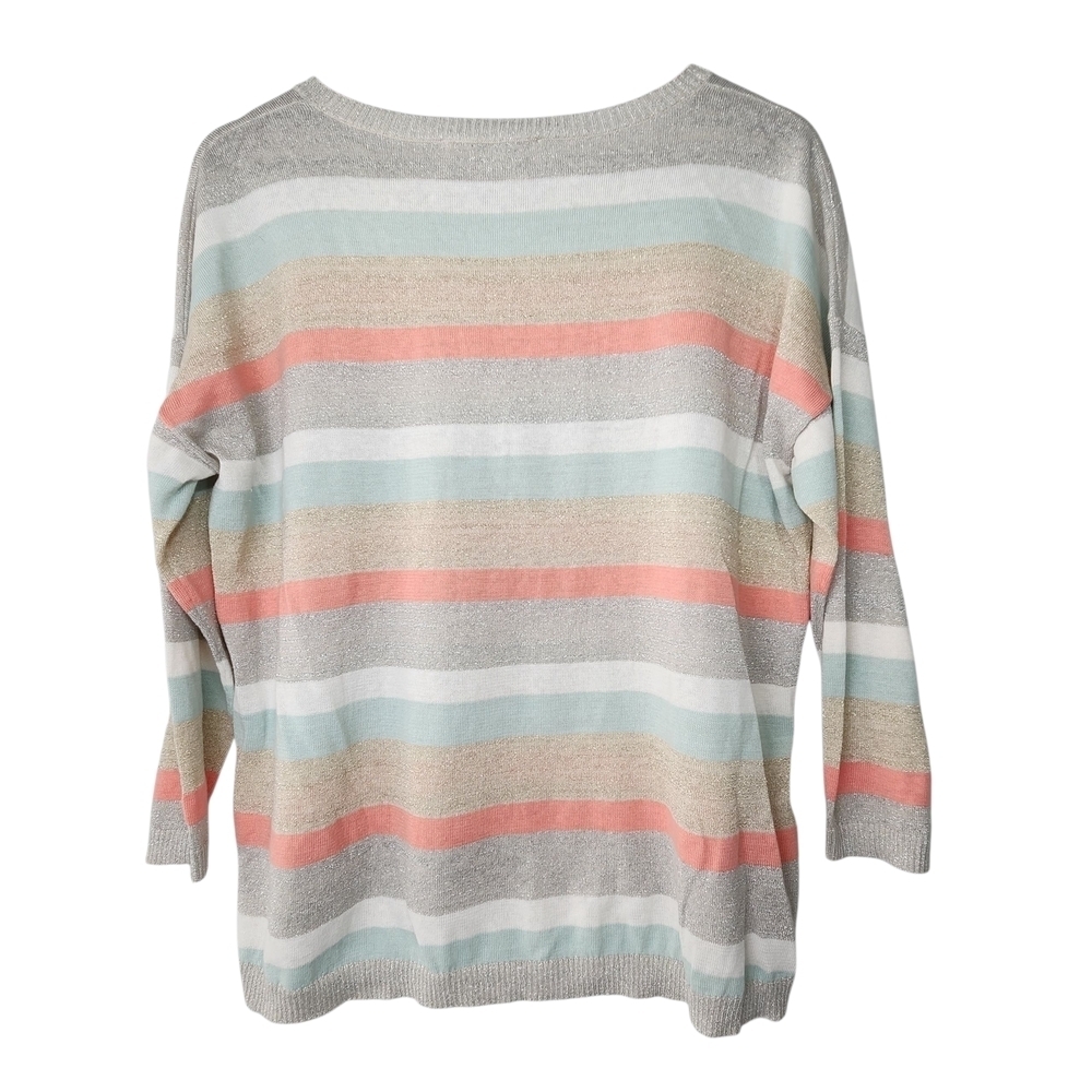 LOFT Pastel Striped Crew Neck Sweater Size L Lightweight Shimmer Tan, Pink, Grey - Picture 6 of 10